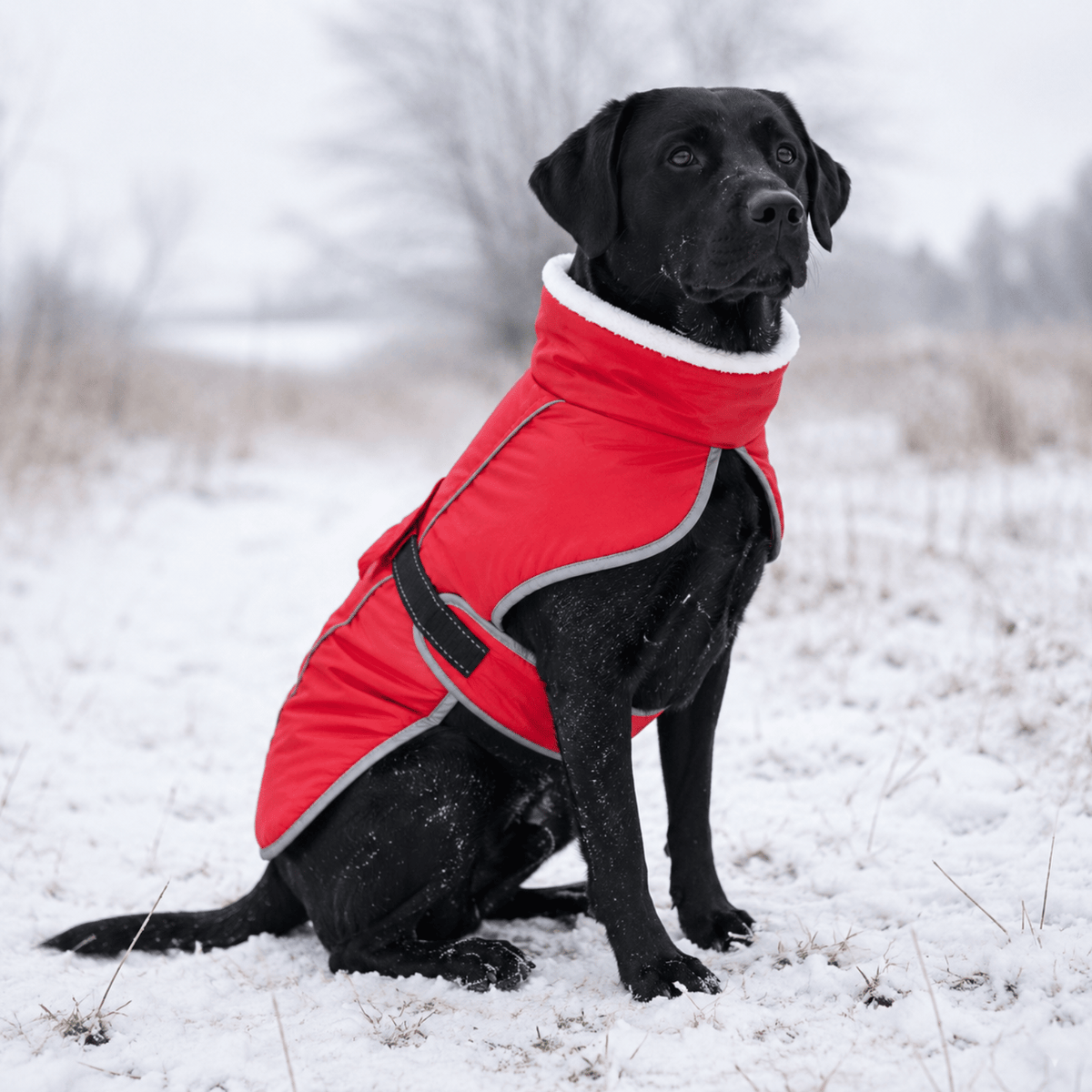 Rode hondenjas met hoge gevoerde kraag en grijze randen, hond zit in de sneeuw