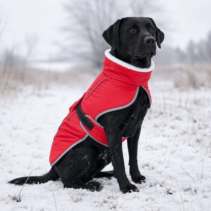 Rode hondenjas met hoge gevoerde kraag en grijze randen, hond zit in de sneeuw