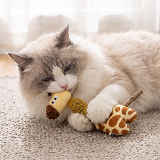 3-in-1 giraffe kauwspeelgoed kat — kat kauwt en speelt met de pluche giraffe en houten stok