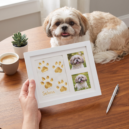 Pootafdruk kleiset lifestyle — hond bij fotolijst met gouden pootafdrukken en foto's