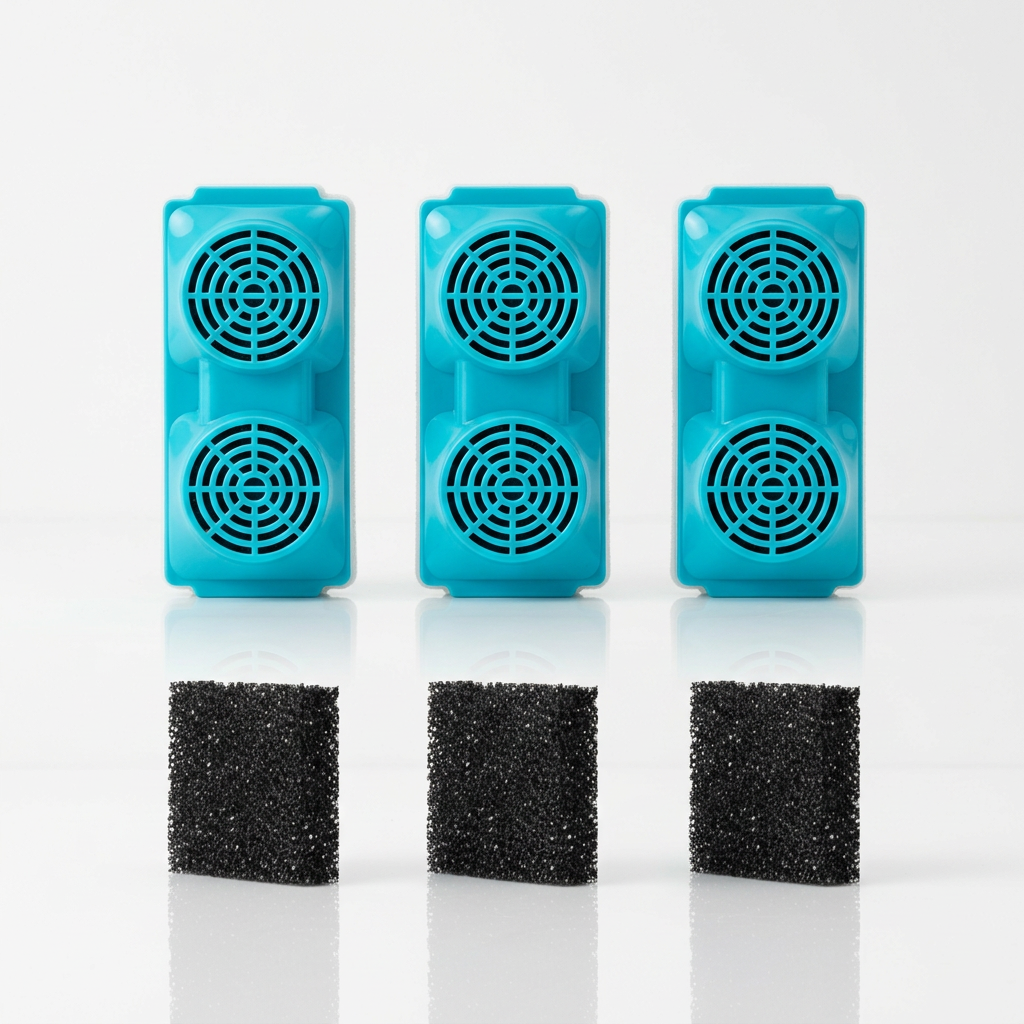Vervangingsfilters AquaFlow drinkfontein hond — 3 koolstoffilters en 3 sponzen op witte achtergrond