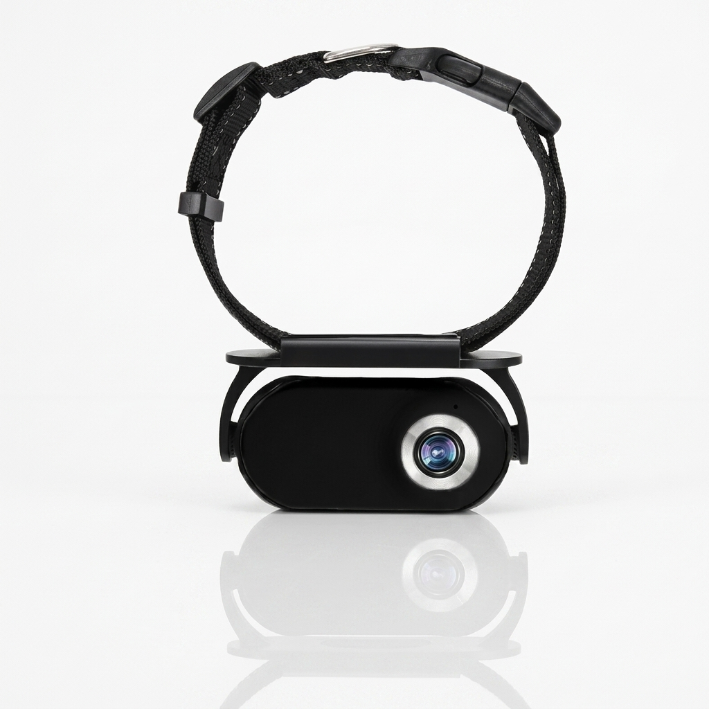 Halsbandcamera voor kat en hond, zwarte variant — mini videocamera op witte ondergrond