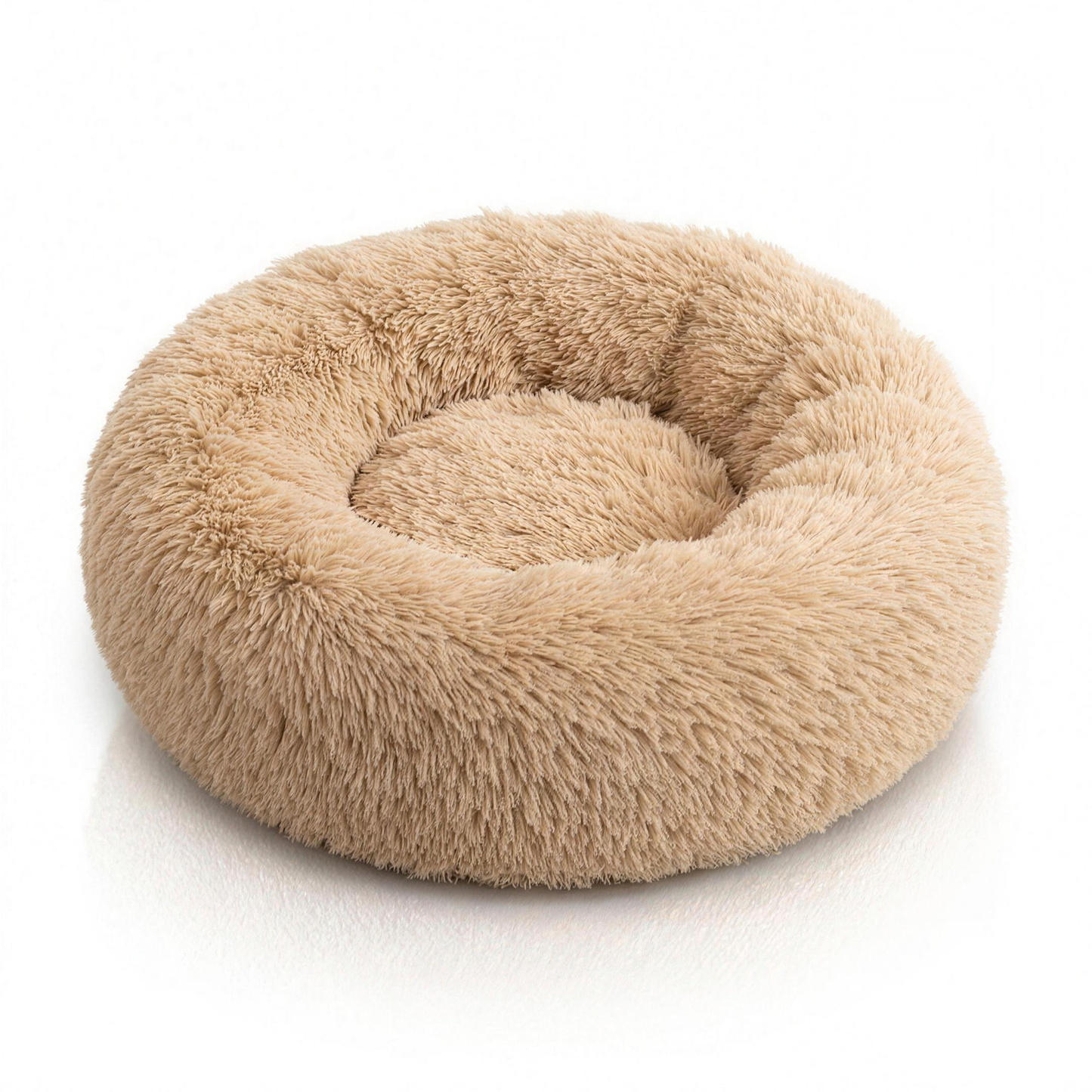 Kalmerende hondenmand in beige — rond nestbed met hoge rand