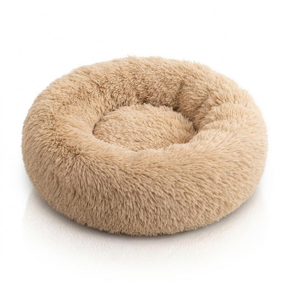 Kalmerende hondenmand in beige — rond nestbed met hoge rand