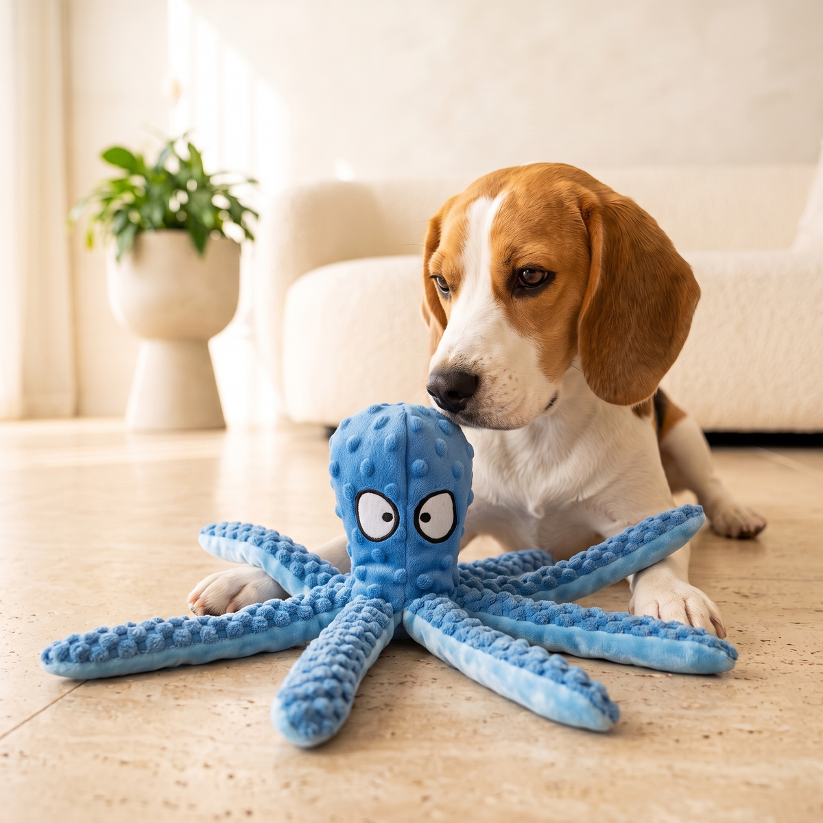 Octopus piepspeelgoed hond blauw, lifestyle — Beagle met de octopus tussen de voorpoten