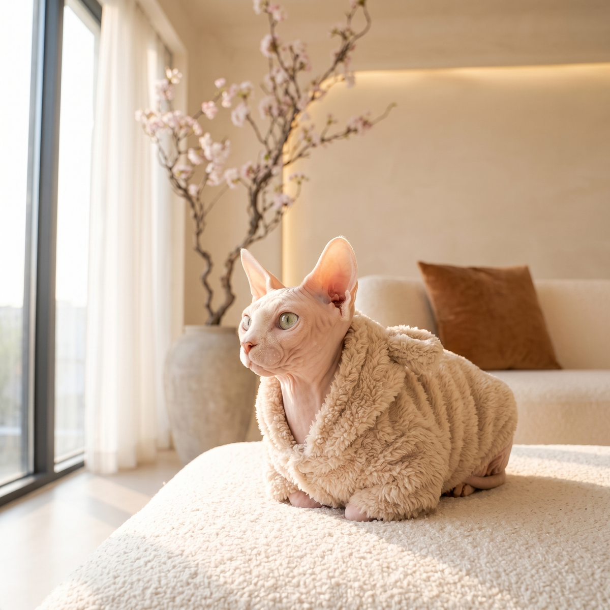 Naakte kat in een beige fleece hondentrui met capuchon, liggend op een crème bank