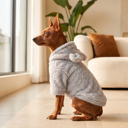 Dwergpinscher in een grijze fleece hondentrui met capuchon, zittend bij het raam