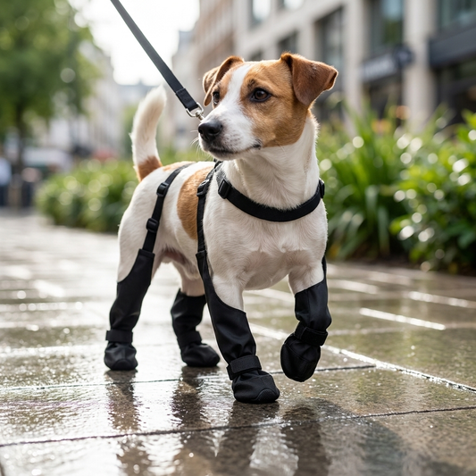 Waterdichte hondenschoenen met antislipzool — Jack Russell Terrier loopt aan lijn op nat stadspad in de stad