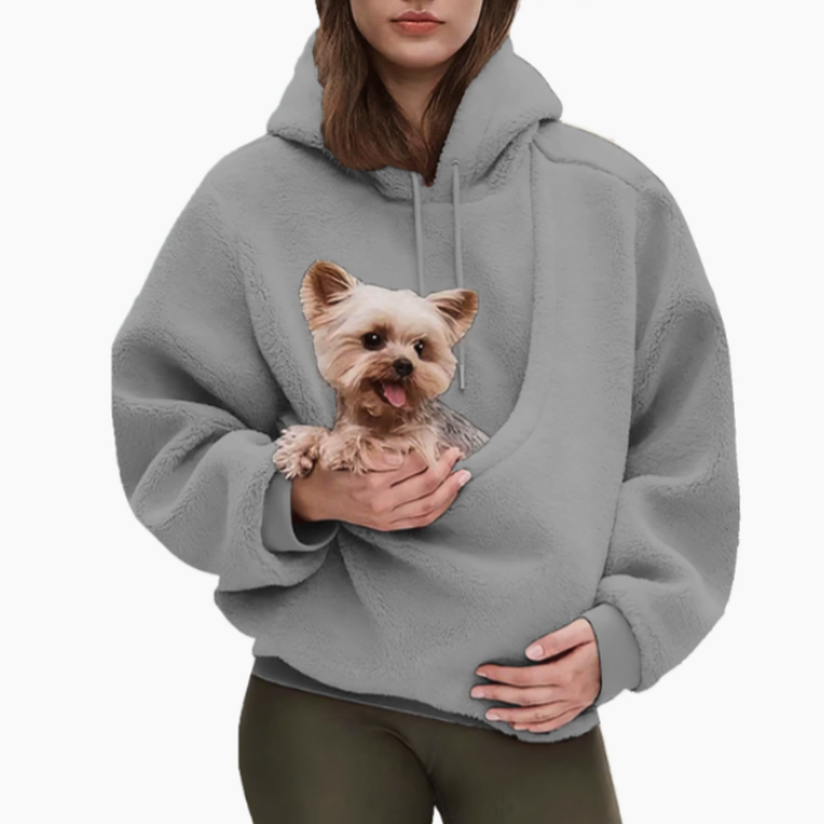 Kangoeroe Hoodie met huisdier buidel grijs — Yorkshire Terrier in de buidel op witte achtergrond