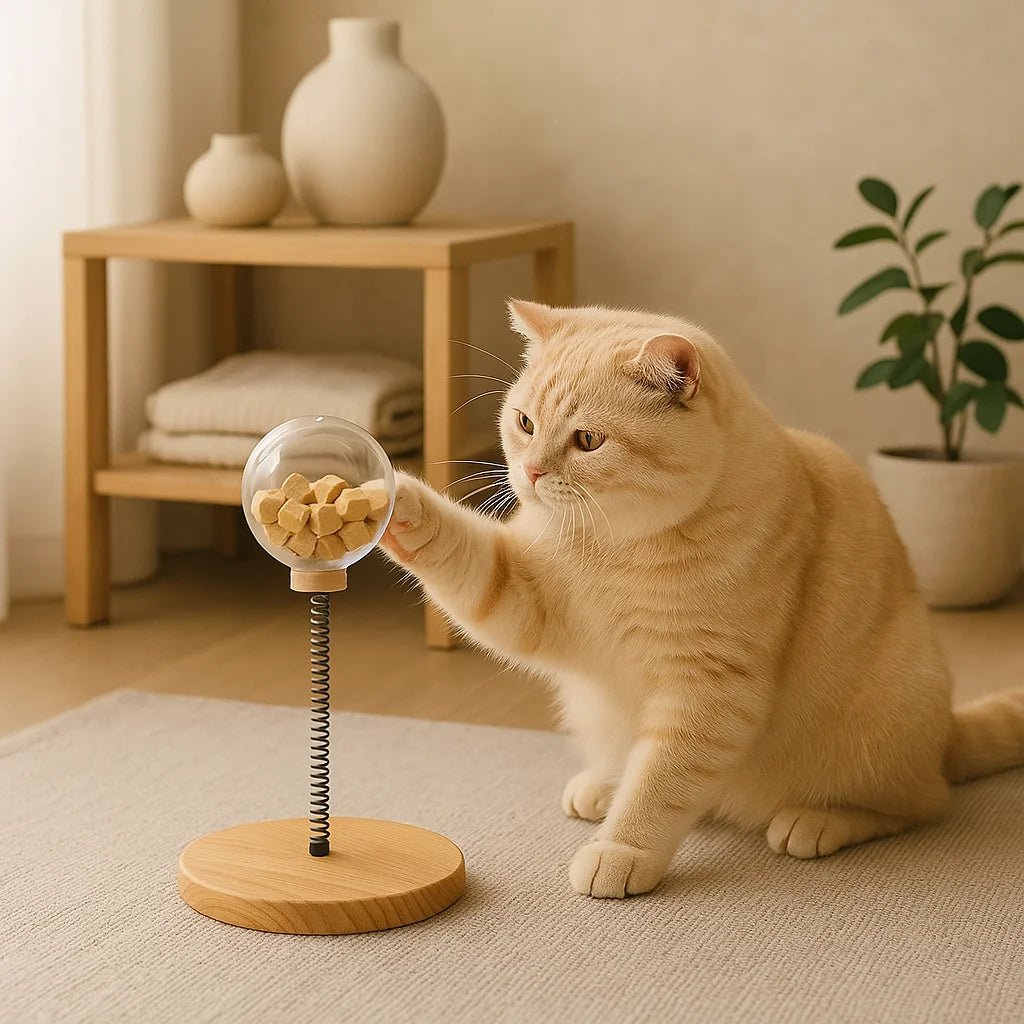Kat speelt met wiebelende snackbal voerspeeltje