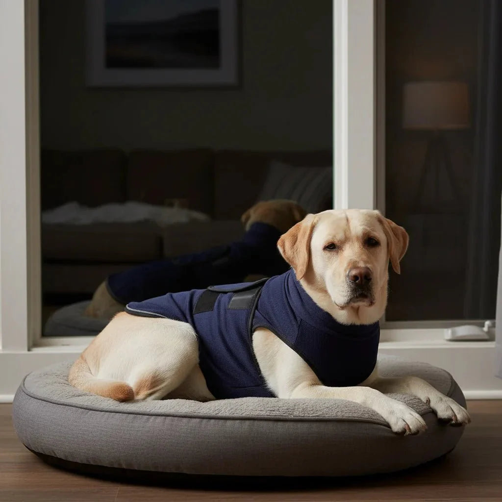 CalmShield drukvest hond — pasvorm demonstratie maten XS tot XXXL