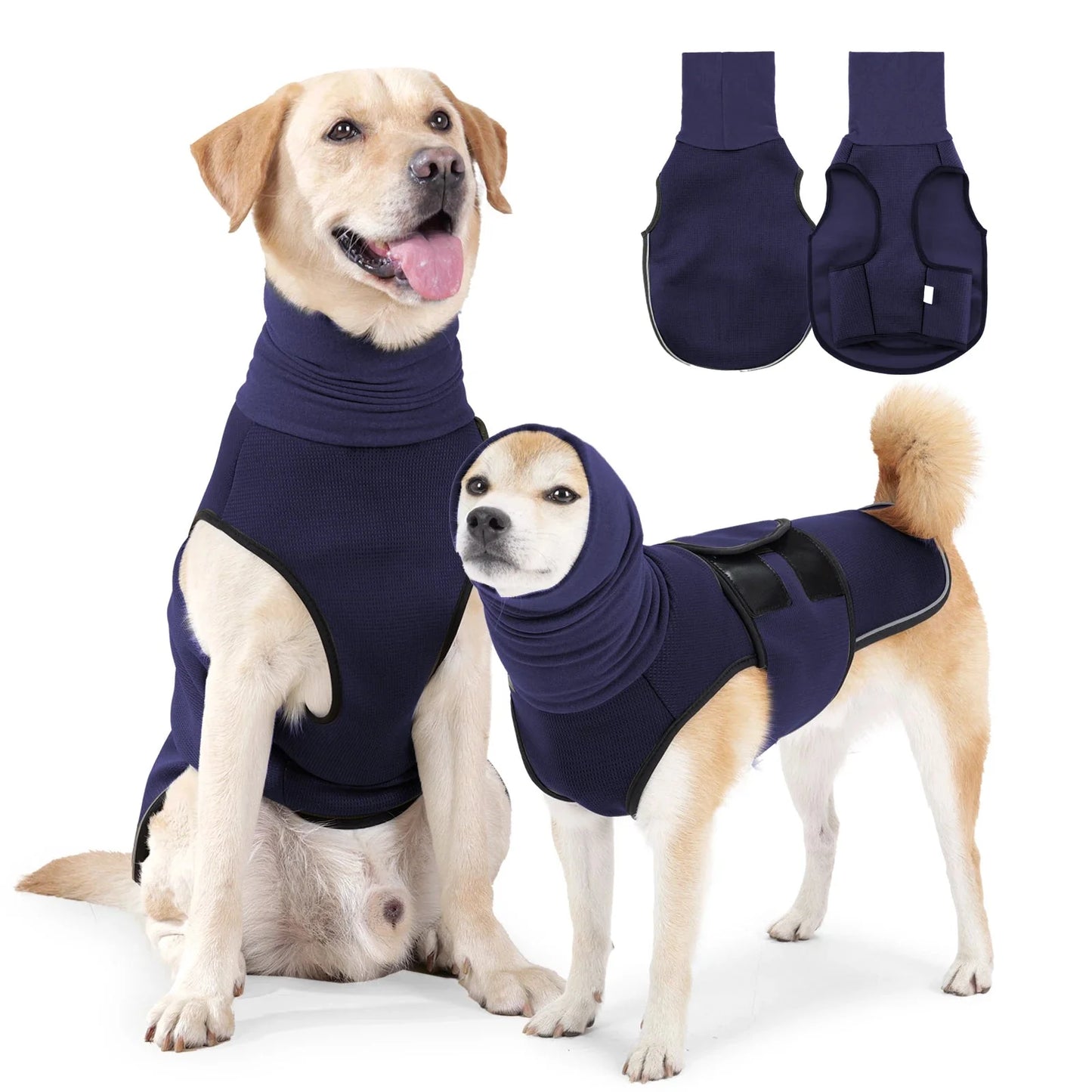CalmShield angstvest hond — zij-aanzicht blauw model op witte achtergrond