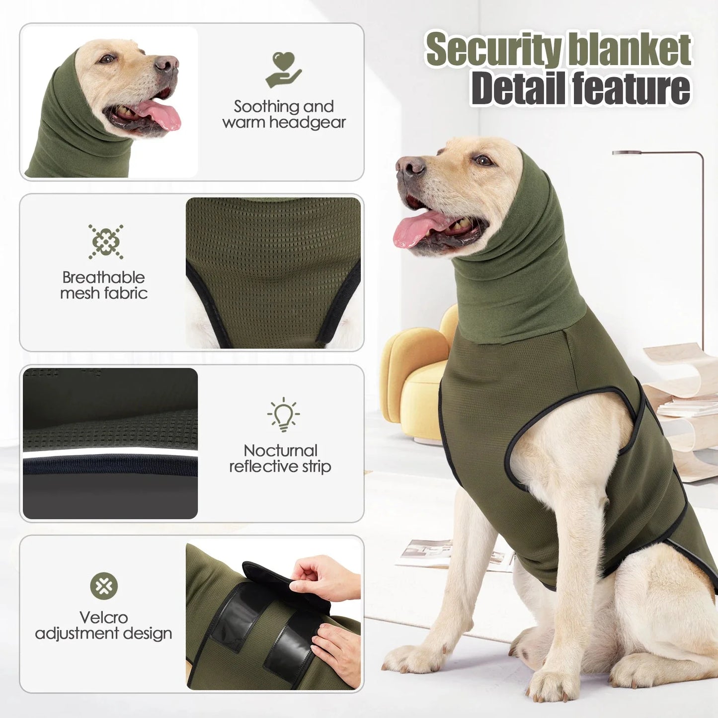 CalmShield drukvest hond — zachte ademende stof detail groen model