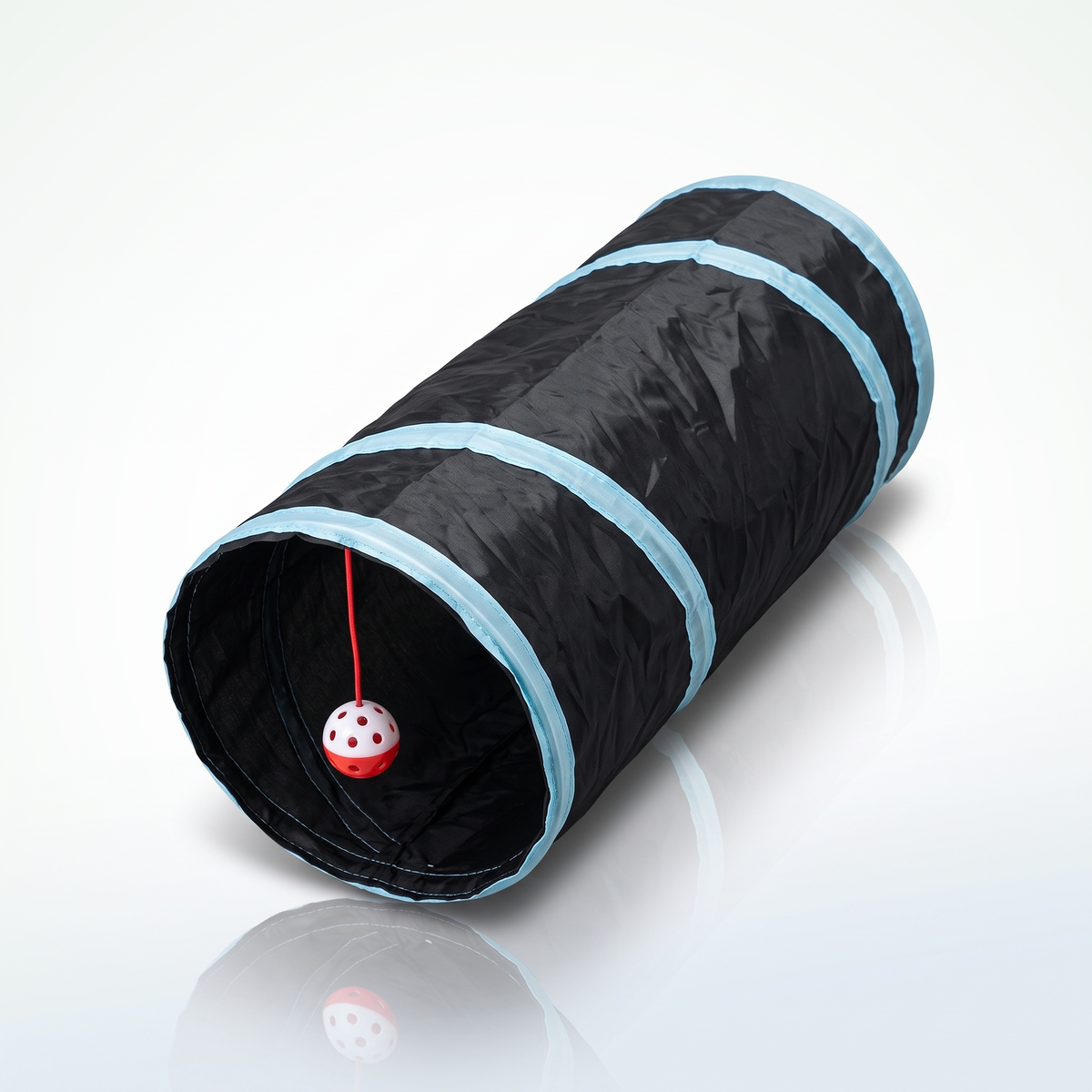 Opvouwbare kattentunnel I-vorm, 50 cm lang, zwart met lichtblauwe banden en een speelbal aan een koord in de opening