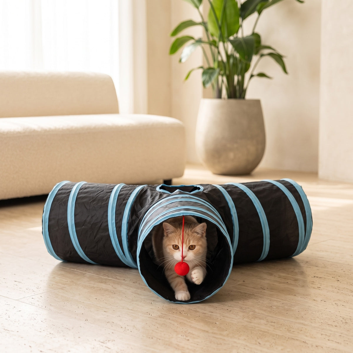 Rode cyperse kat kijkt uit de opening van de opvouwbare kattentunnel en speelt met de rode speelbal aan het koord, in een lichte woonkamer
