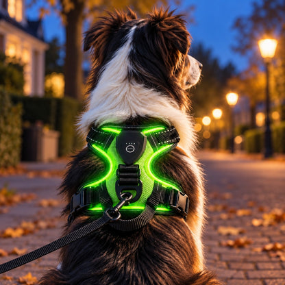 Australian Shepherd van achteren op een herfstige straat in de schemer, met het oplaadbare lichtgevend hondentuig in groen, LED-verlichting aan, lijn aan de D-ring op de rug