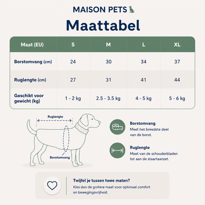 Maattabel gebreide hondentrui met col — maten S tot XL met borstomvang, ruglengte en gewicht