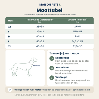 Maattabel led halsband hond en kat — verstelbaar, XS 28–38 cm, S 35–43 cm, M 40–48 cm, L 45–52 cm en XL 45–60 cm nekomvang, met gewichtsindicatie van 2,5 tot 30 kg