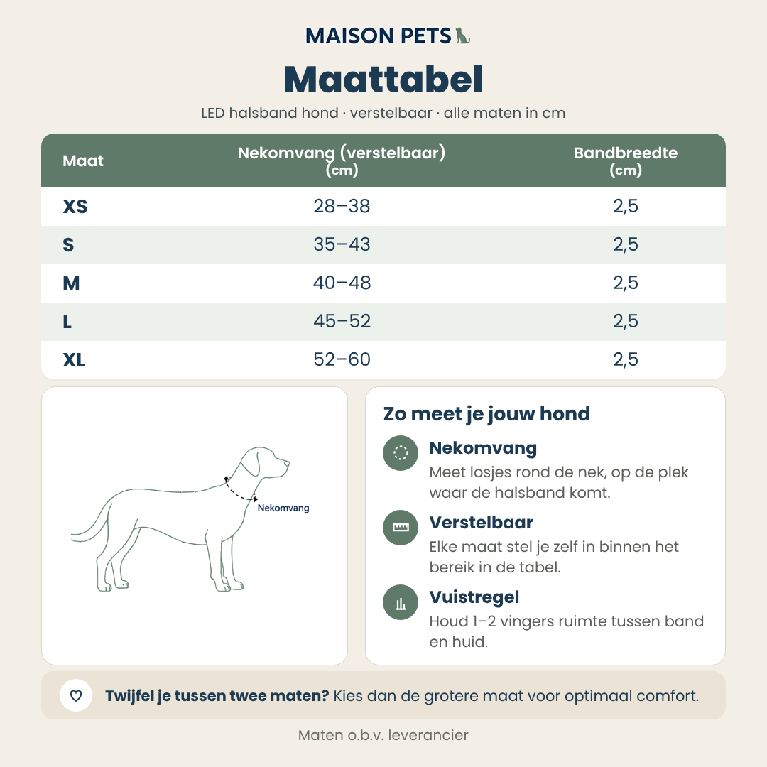 Maattabel LED halsband hond luipaardprint — verstelbaar, XS 28–38 cm, S 35–43 cm, M 40–48 cm, L 45–52 cm en XL 52–60 cm nekomvang, bandbreedte 2,5 cm