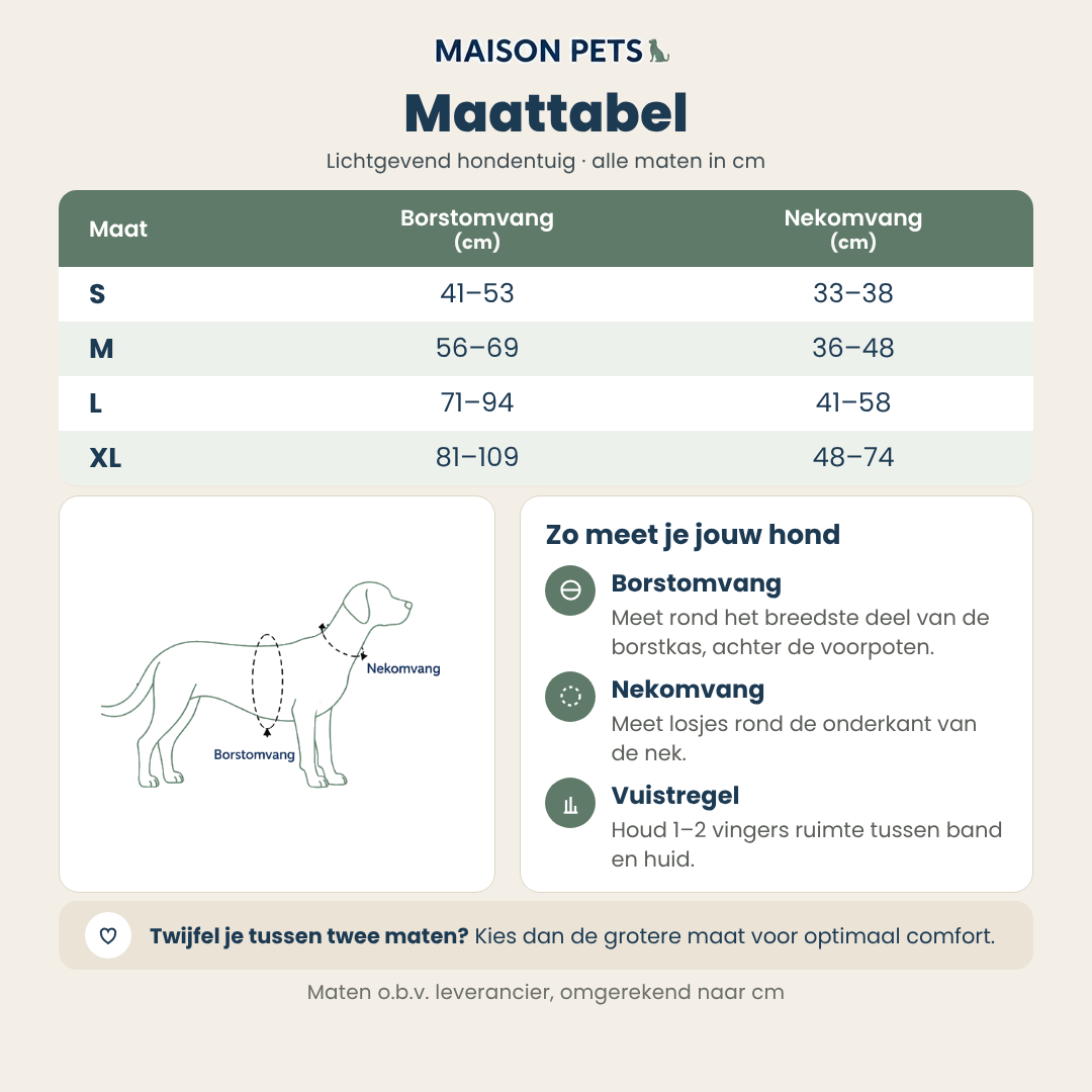 Oplaadbaar lichtgevend hondentuig maattabel — maten S t/m XL, borstomvang en nekomvang in cm