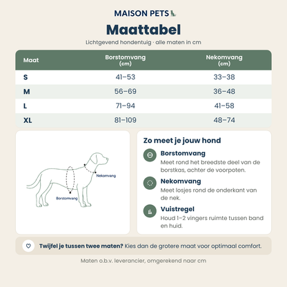 Oplaadbaar lichtgevend hondentuig maattabel — maten S t/m XL, borstomvang en nekomvang in cm