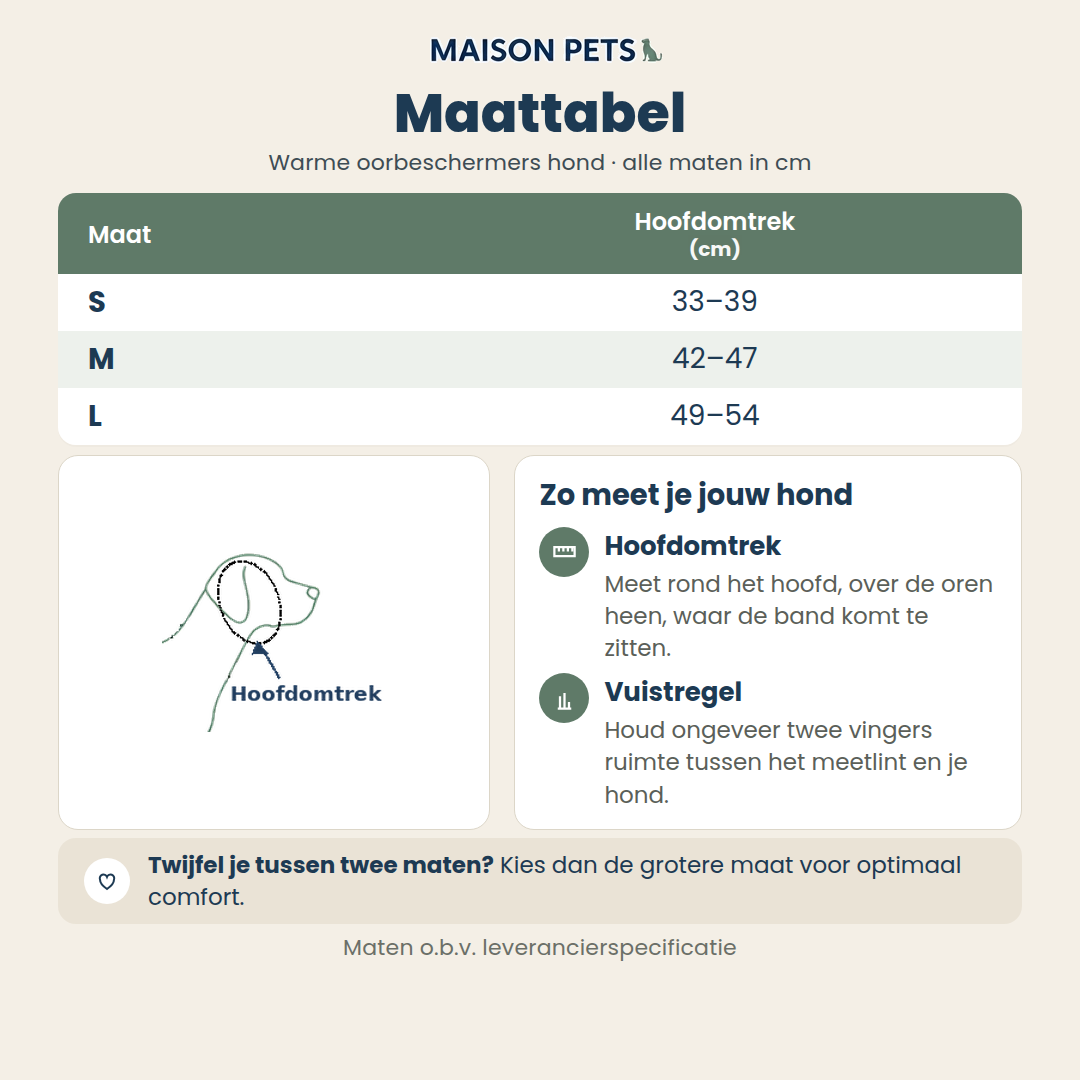 Warme oorbeschermers hond maattabel — maten S, M en L met hoofdomtrek in cm en meetinstructie