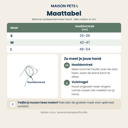 Warme oorbeschermers hond maattabel — maten S, M en L met hoofdomtrek in cm en meetinstructie