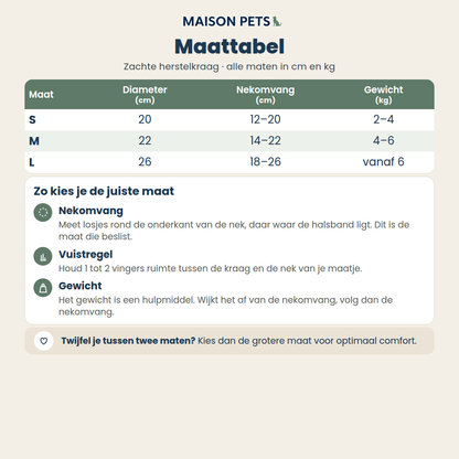Zachte beschermkraag hond en kat — maattabel met maten S, M en L op nekomvang in cm en gewicht in kg