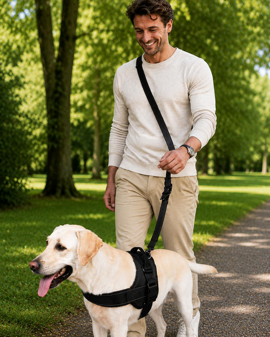 Multifunctionele hondenriem zwart hands-free gedragen over de schouder — labrador loopt naast man in park