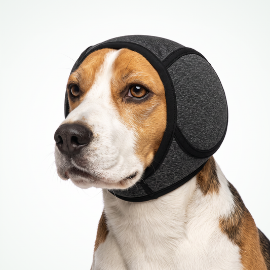 NoiseCap oorbeschermers hond grijs — beagle draagt de oorkap over beide oren