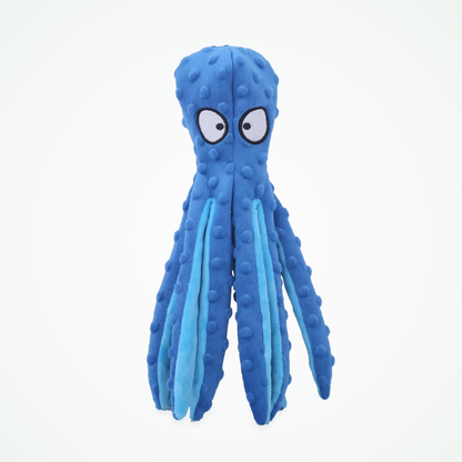 Octopus piepspeelgoed hond in blauw met lichtblauwe tentakels, noppenstof en geborduurde ogen