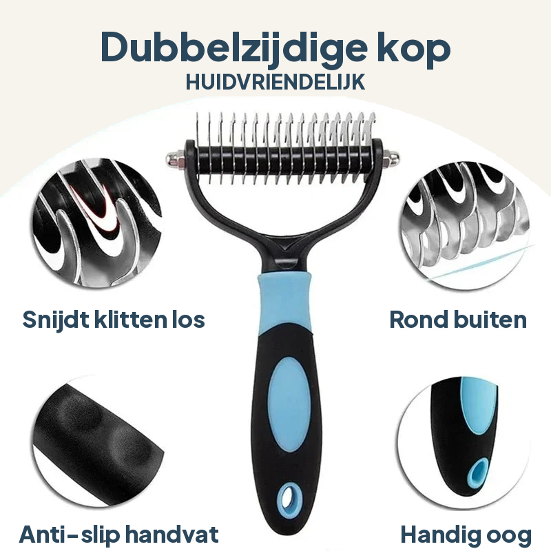 Ontwarringskam hond en kat functieoverzicht: dubbelzijdige kop, snijdt klitten los, anti-slip handvat