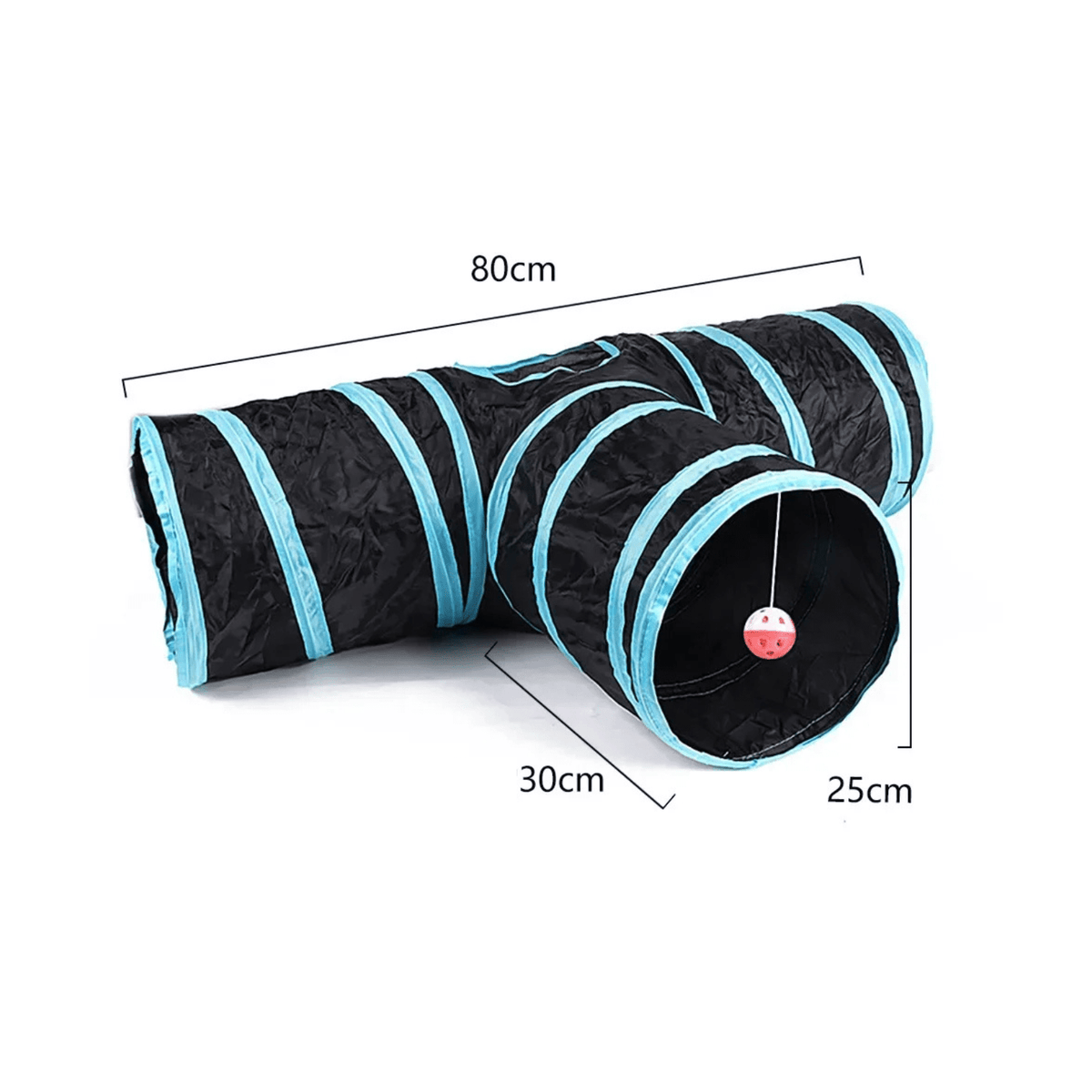 Kattentunnel T-vorm met maten op de foto: 80 cm breed, zijarm 30 cm en opening 25 cm, bal aan koord