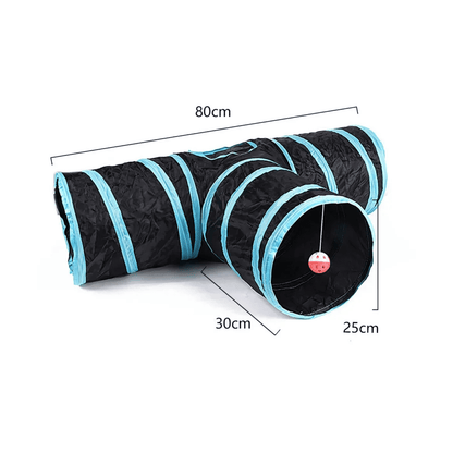 Kattentunnel T-vorm met maten op de foto: 80 cm breed, zijarm 30 cm en opening 25 cm, bal aan koord