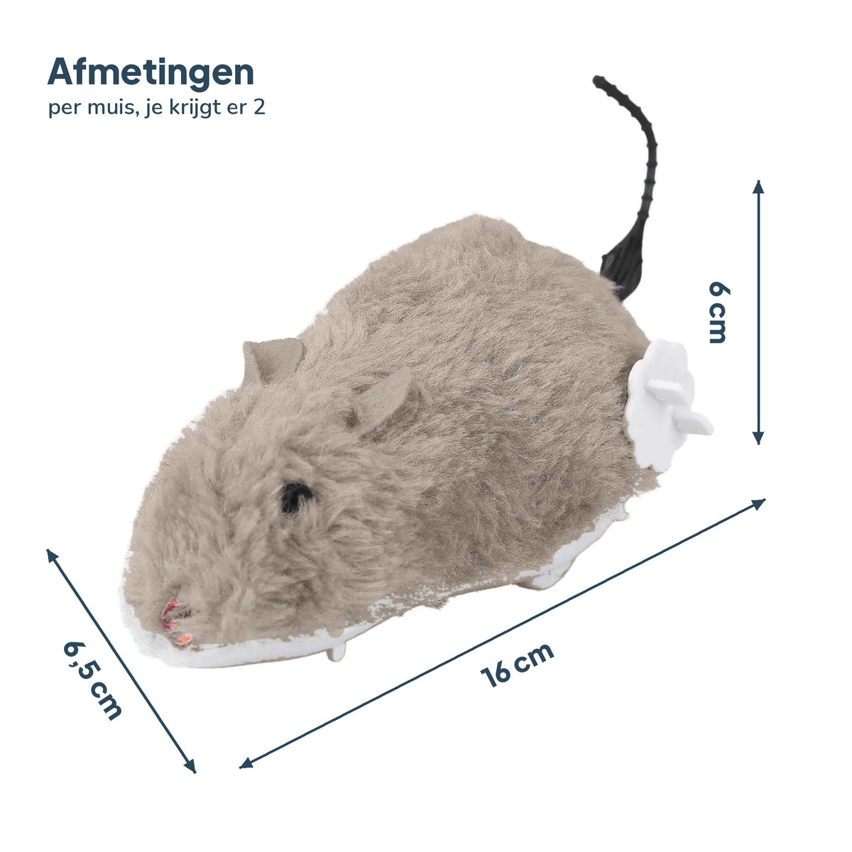 Afmetingen opwindbare muis voor katten: 16 cm lang, 6,5 cm breed en 6 cm hoog