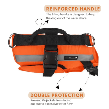 SwimSafe hondenzwemvest maten S t/m XXL — maatoverzicht op witte achtergrond