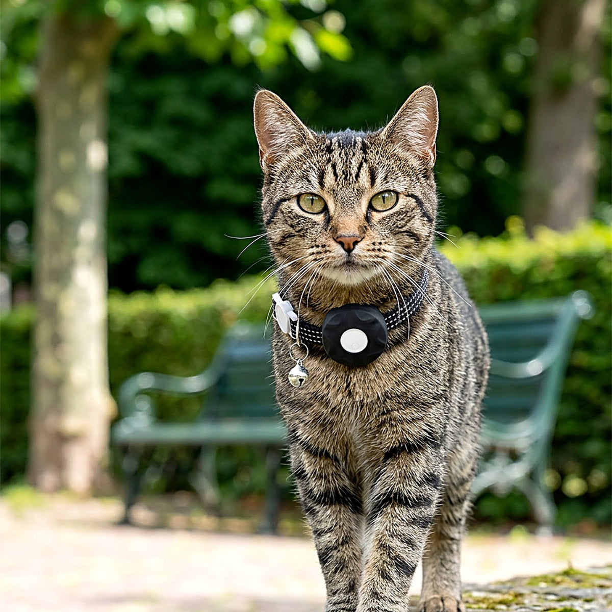 PawFind kattenhalsband met tracker — tabbykat loopt in stadspark, zwarte trackerhouder en belletje aan halsband