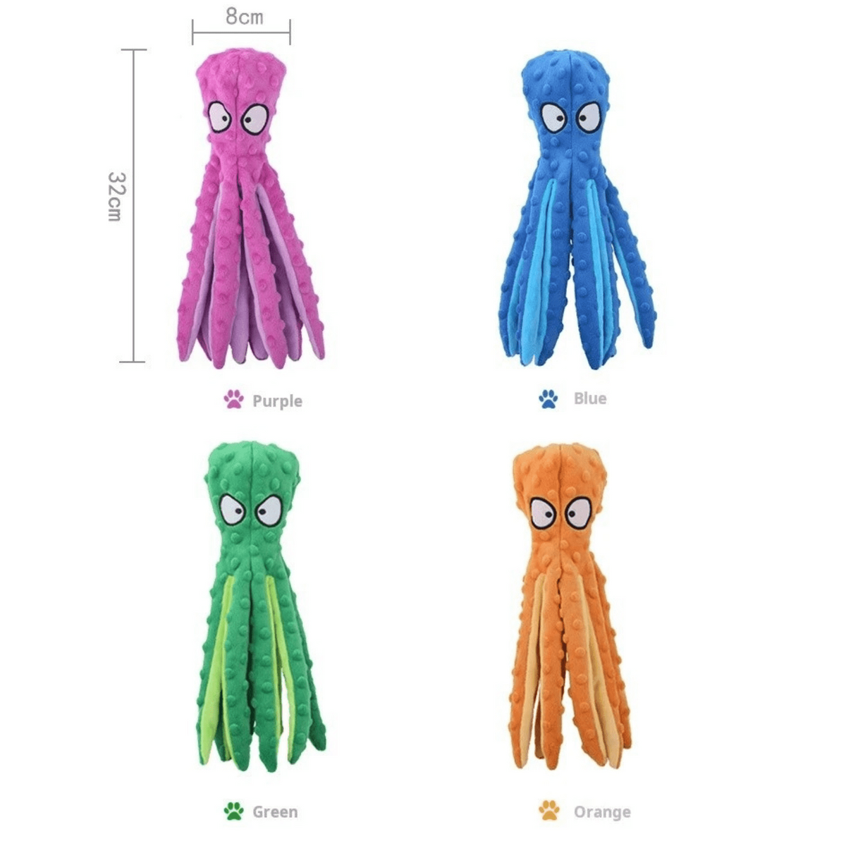Octopus piepspeelgoed maatoverzicht — 32 cm lang, 8 cm breed, vier kleurvarianten