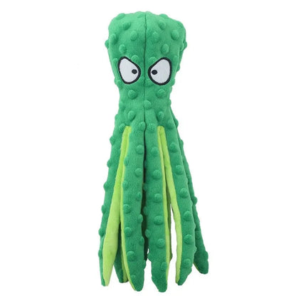Octopus piepspeelgoed hond groen, frontaal op witte achtergrond — lichtgroene tentakels met noppen