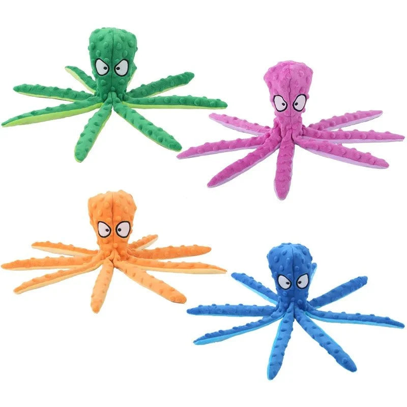 Octopus piepspeelgoed hond vier kleuren neergelegd — groen, roze, oranje en blauw in 2x2 overzicht