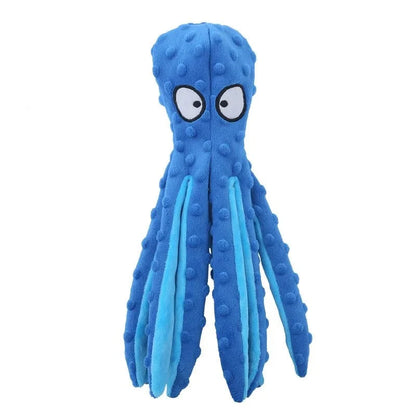 Octopus piepspeelgoed hond blauw, frontaal op witte achtergrond — lichtblauwe tentakels met noppen
