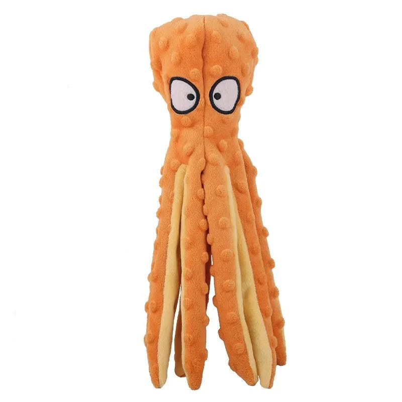 Octopus piepspeelgoed hond oranje, frontaal op witte achtergrond — textuur mesh met geborduurde ogen