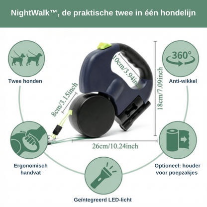 NightWalk dubbele hondenlijn — ergonomisch handvat voor twee honden