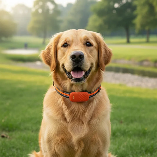 4G GPS-tracker voor hond en kat — hond draagt de tracker aan de halsband buiten in het park