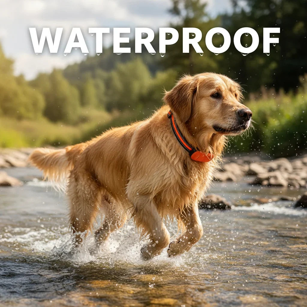 4G GPS-tracker voor hond en kat — hond rent waterdicht door een beek met de tracker om
