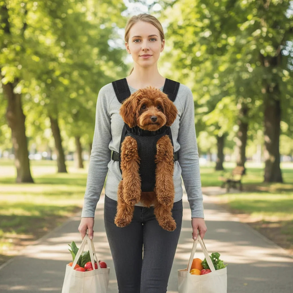 Vrouw loopt in een park met een hond in een zwarte draagzak op de buik en een tas in elke hand
