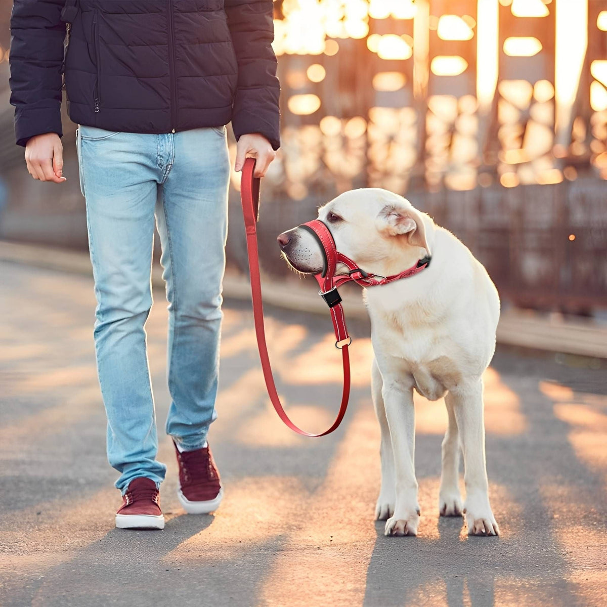 Anti-trek hoofdharnas hond rood — man loopt met Labrador aan rode lijn in stadssetting bij zonsondergang