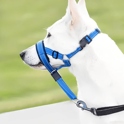 Anti-trek hoofdharnas hond blauw — witte hond in profiel met neusgeleiding en bevestigingslus zichtbaar