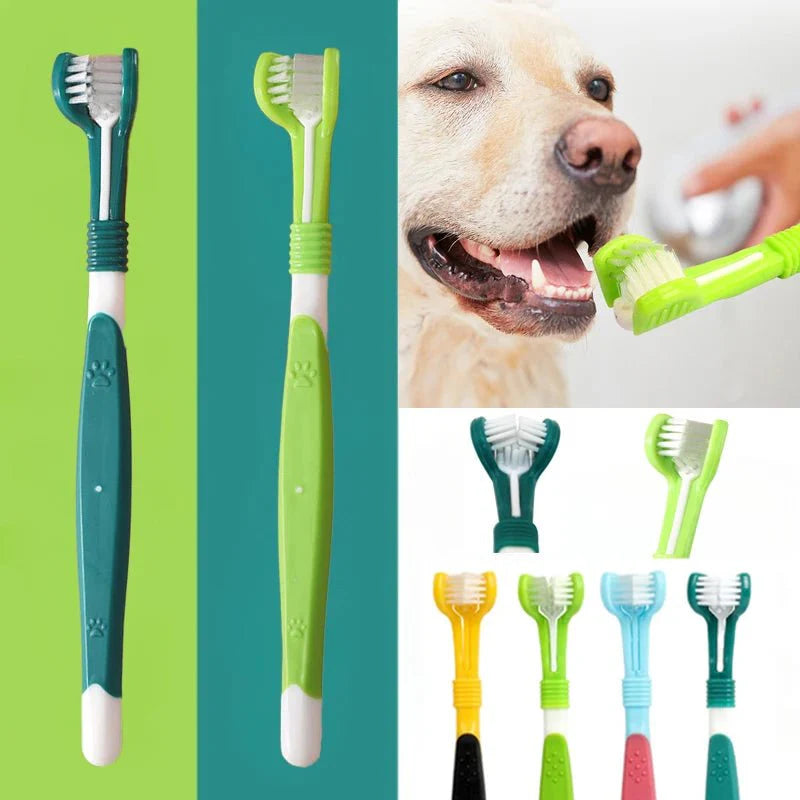 3-zijdige tandenborstel hond geel — handvat en borstelkop detail