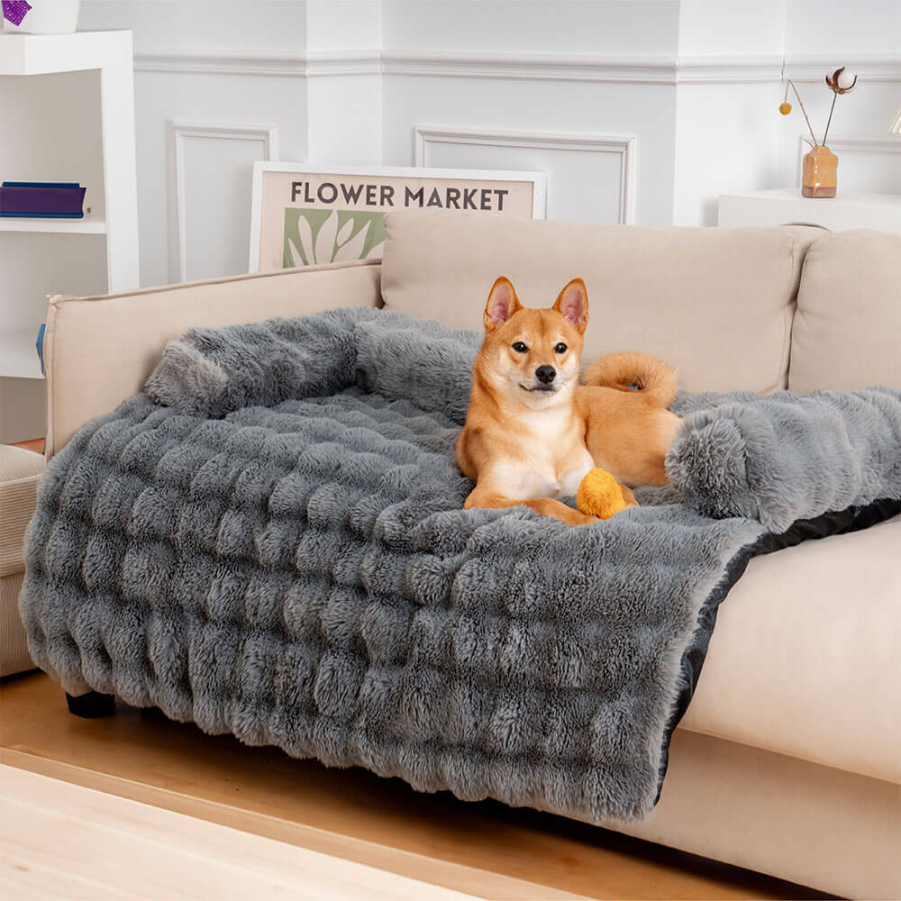 Hondenmand sofabeschermer beige — hond stapt op hoes